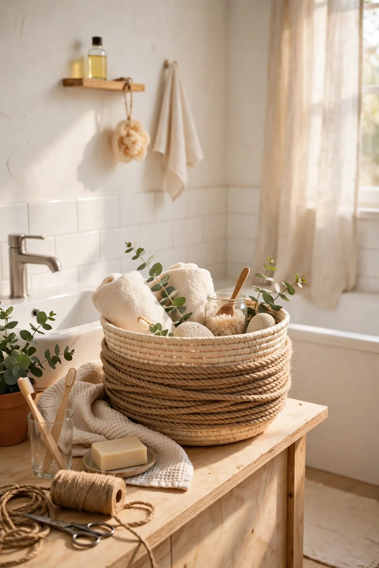 Wrap a Plain Basket in Rope for a Spa Look in a budget-friendly bathroom, styled simply