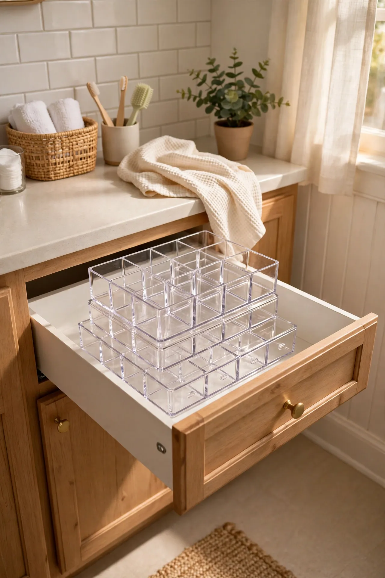 Stack Clear Acrylic Organizers Inside Drawers in a budget-friendly bathroom, styled simply