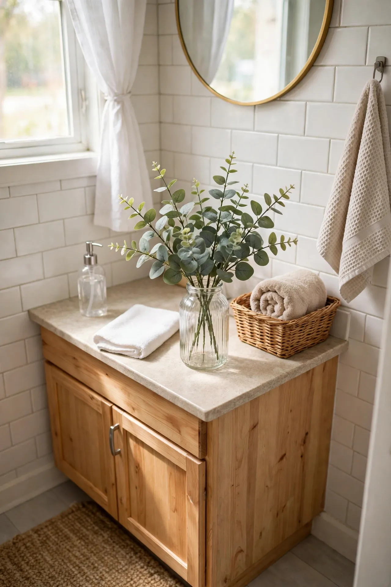 Style Faux Eucalyptus in a Dollar Store Vase in a budget-friendly bathroom, styled simply