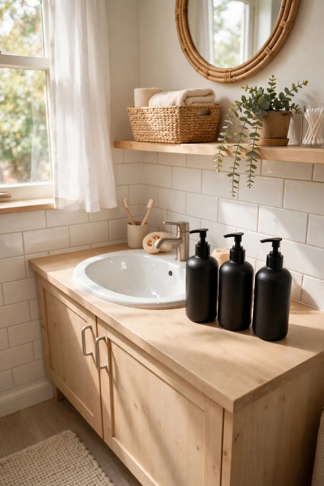 Swap to Matching Black Pump Bottles in a budget-friendly bathroom, styled simply