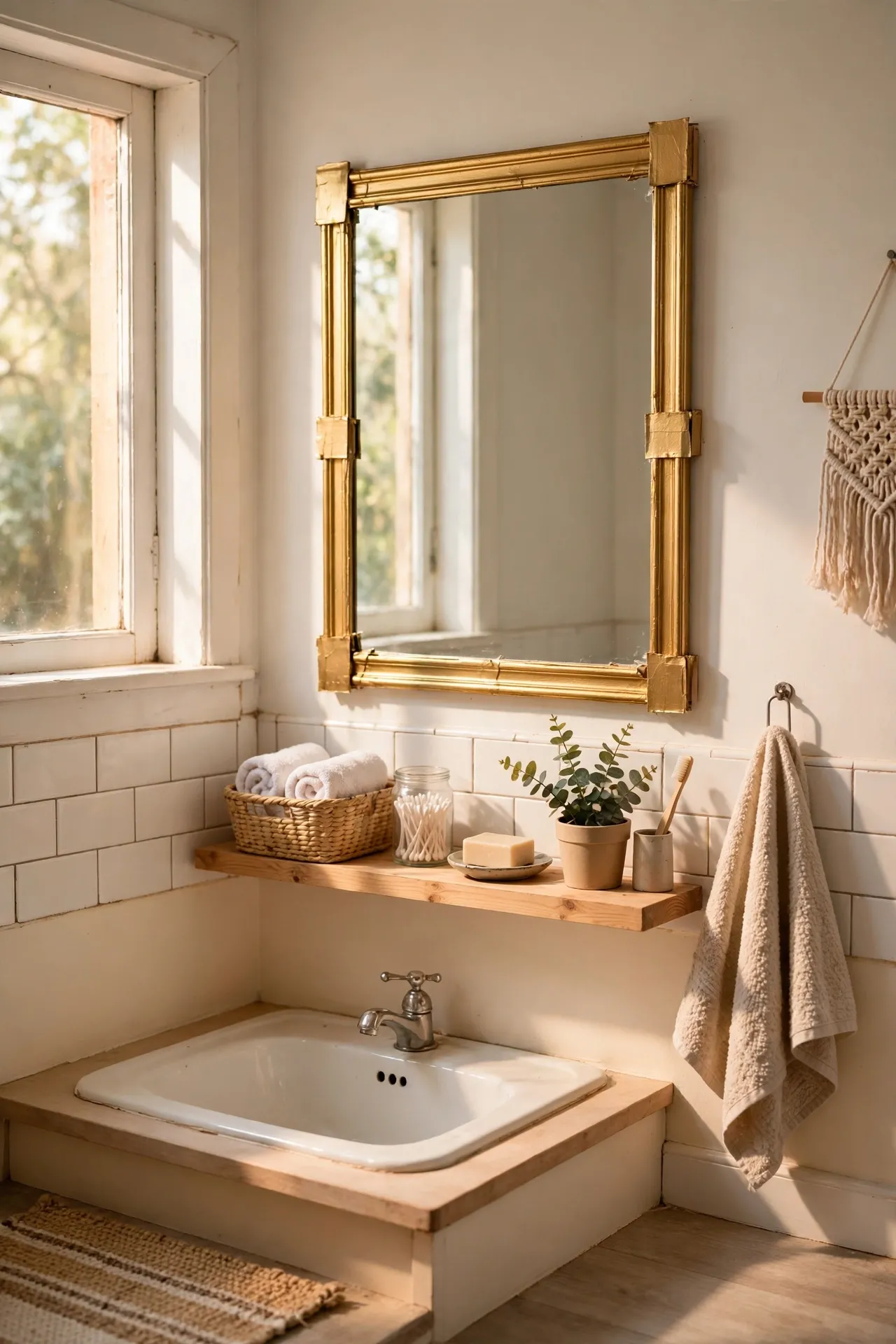 Hack a Gold Frame Around a Plain Mirror in a budget-friendly bathroom, styled simply