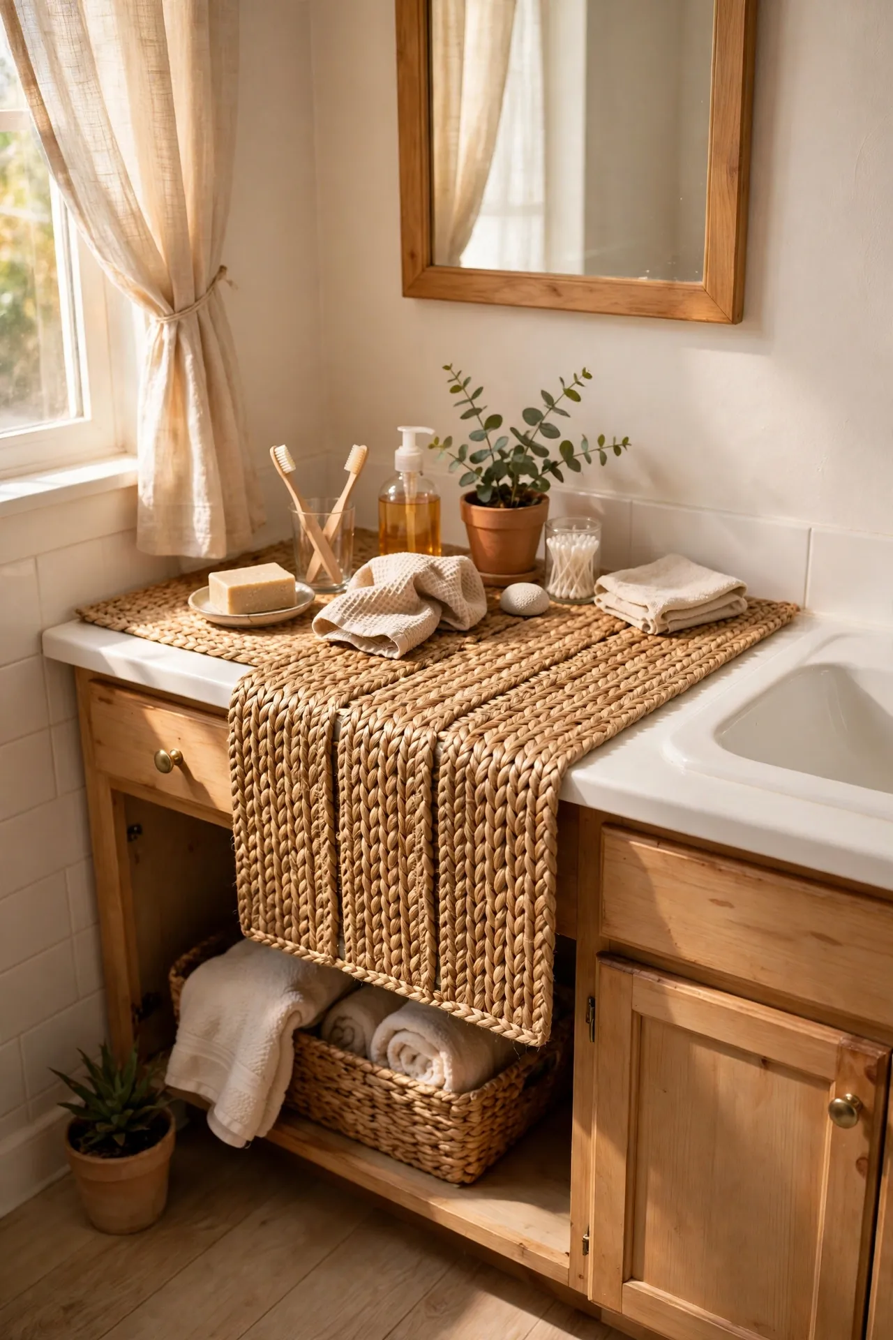 Use Woven Placemats as a Vanity Runner in a budget-friendly bathroom, styled simply
