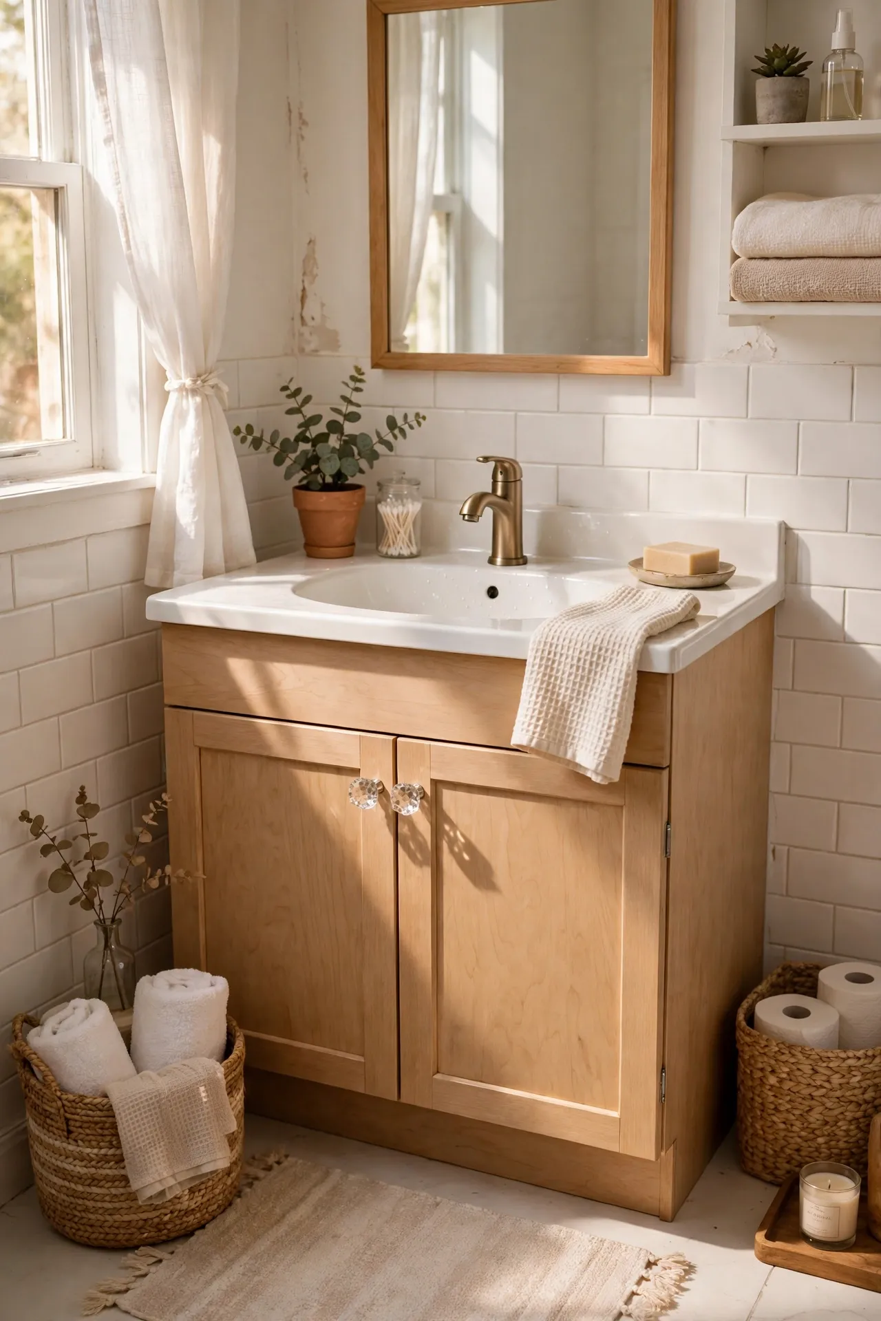 Swap Cabinet Knobs for Crystal-Look Pulls in a budget-friendly bathroom, styled simply