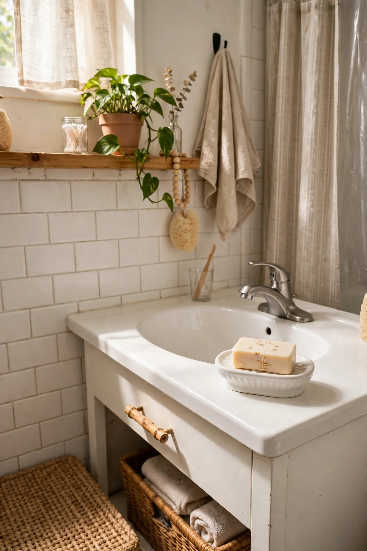 Upgrade to a White Ceramic Soap Dish in a budget-friendly bathroom, styled simply