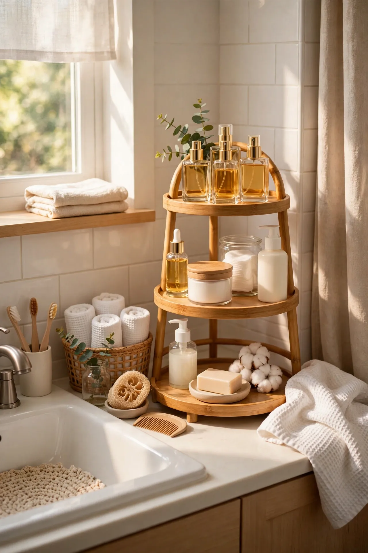 Build a Tiered Stand for Perfume and Skincare in a budget-friendly bathroom, styled simply