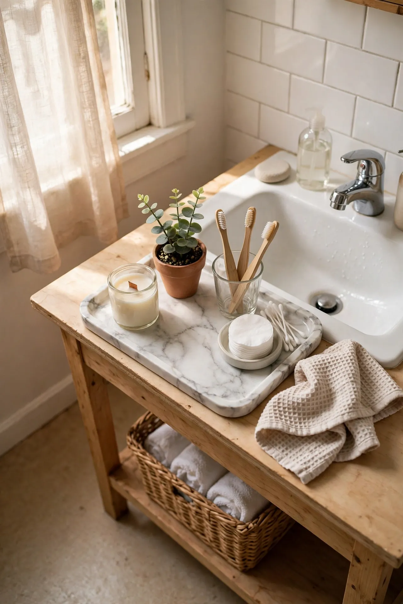 Style a Faux Marble Tray for the Vanity in a budget-friendly bathroom, styled simply