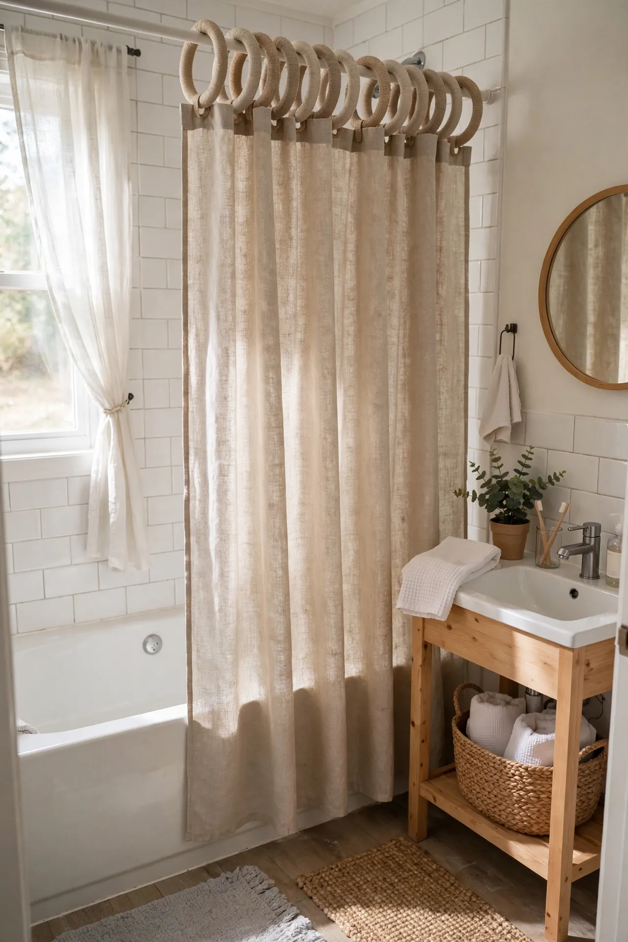 Swap to Linen-Look Shower Curtain Rings in a budget-friendly bathroom, styled simply
