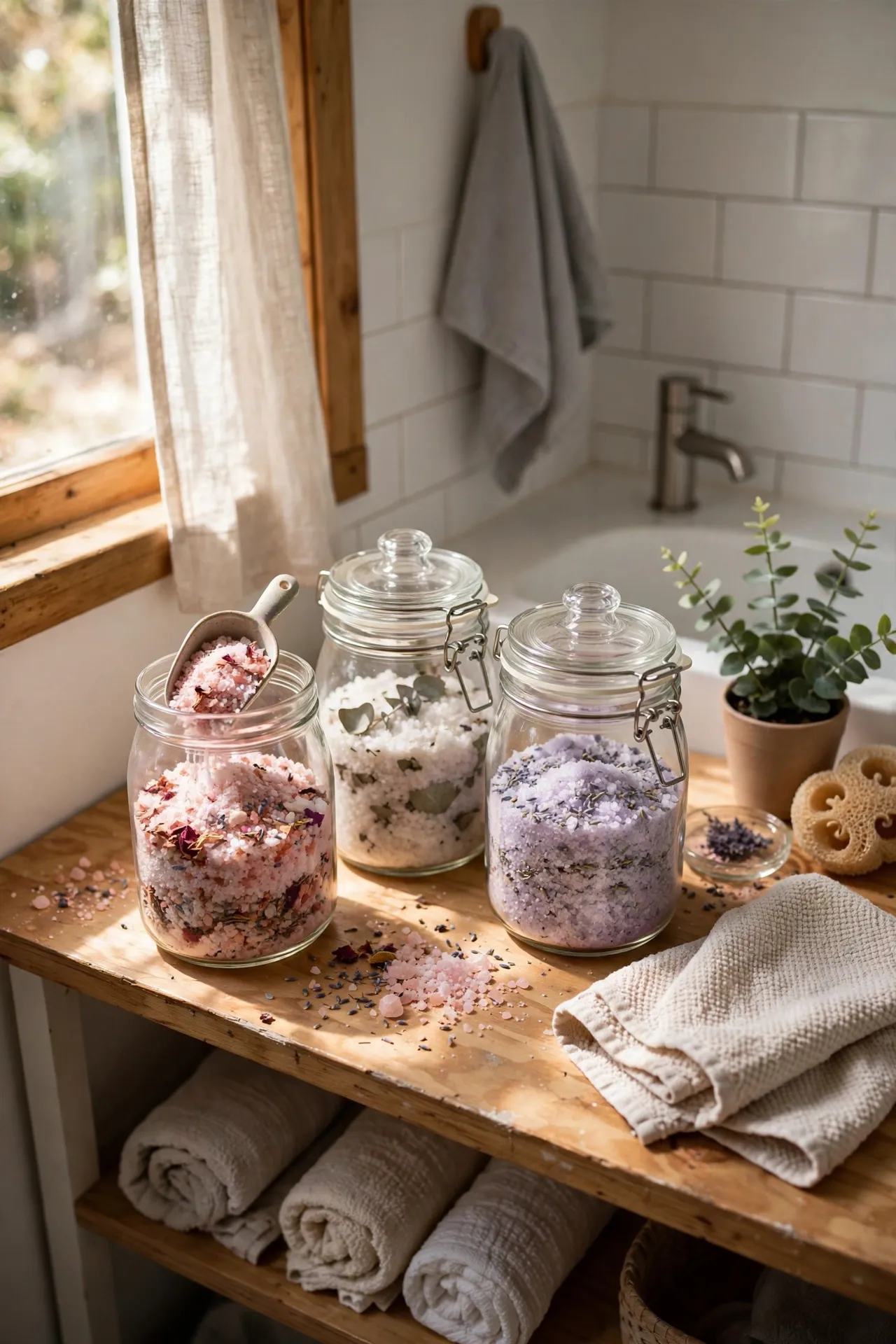 Fill Glass Canisters with Bath Salts in a budget-friendly bathroom, styled simply