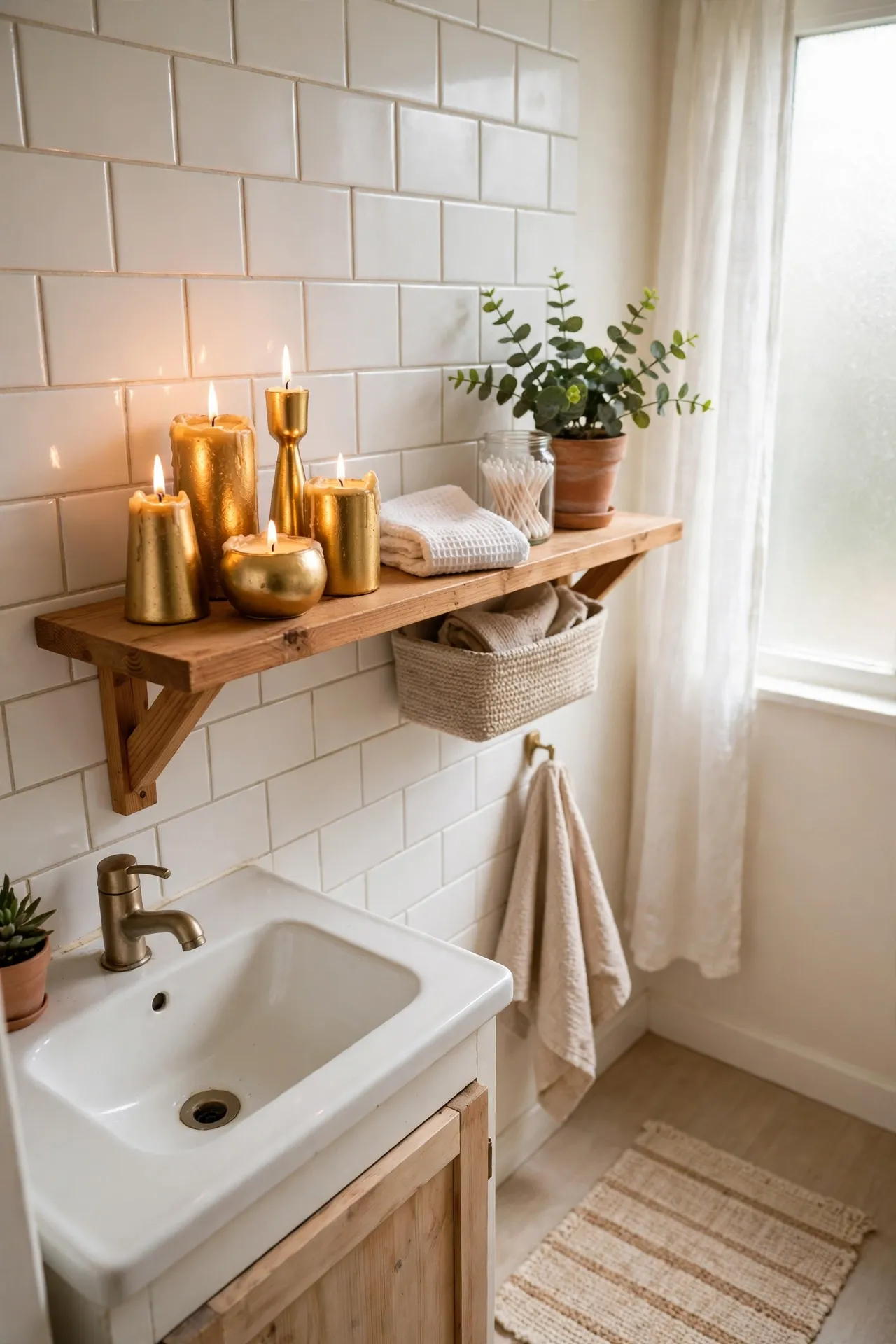 Cluster Gold Candle Holders on a Shelf in a budget-friendly bathroom, styled simply
