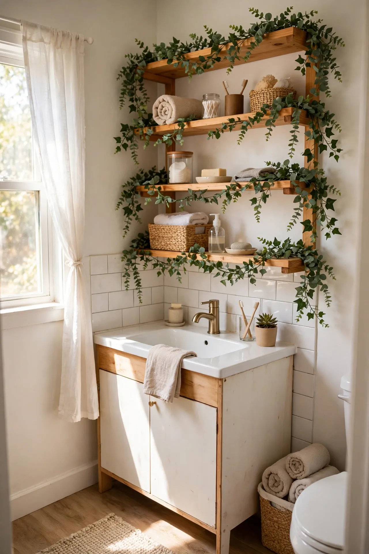 Drape Faux Greenery Along Open Shelving in a budget-friendly bathroom, styled simply