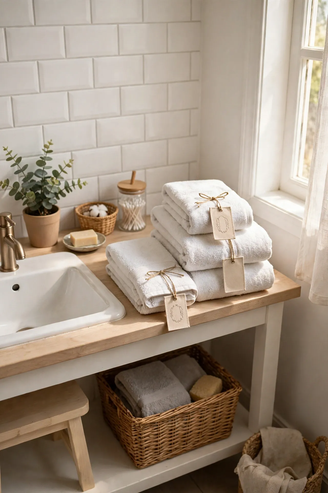 Add Monogram Tags to Guest Towels in a budget-friendly bathroom, styled simply
