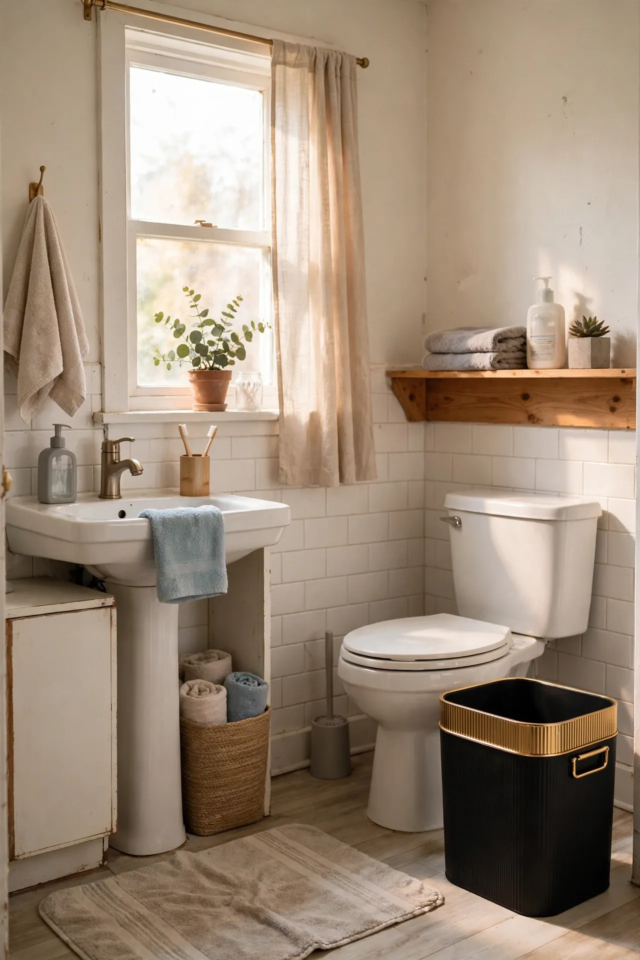 Swap the Wastebasket for a Black and Gold Bin in a budget-friendly bathroom, styled simply