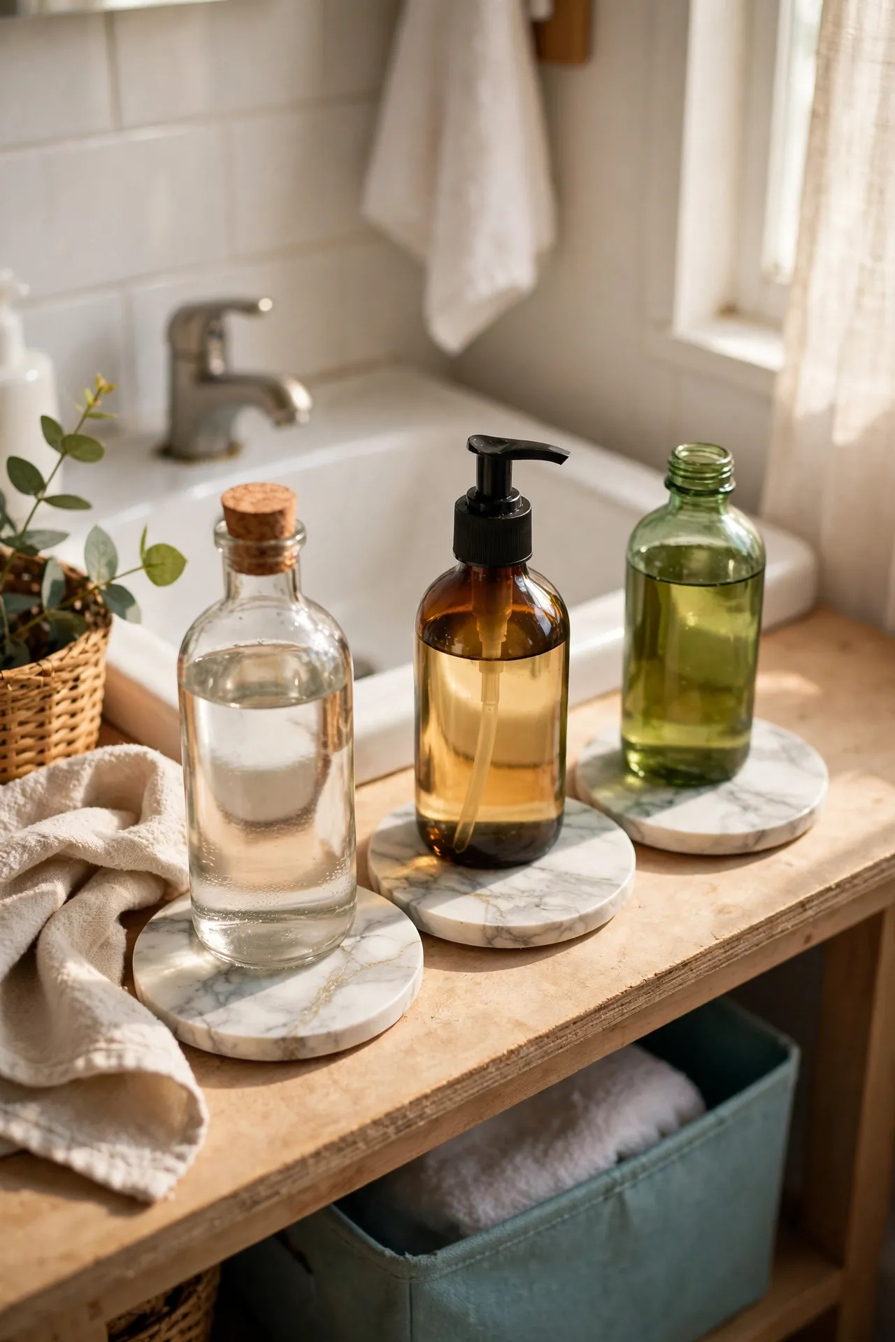 Set Marble-Look Coasters Under Bottles in a budget-friendly bathroom, styled simply