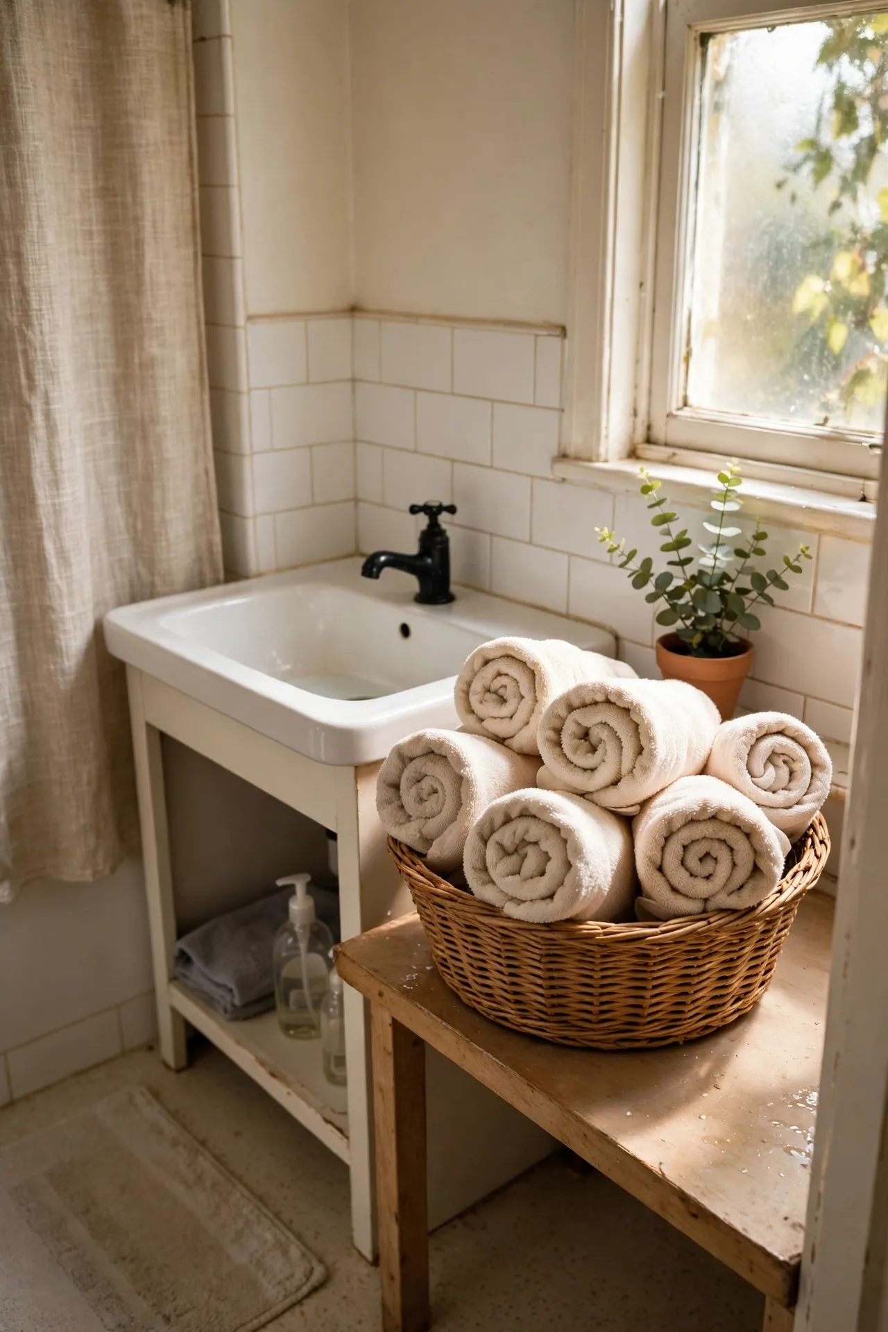 Display Rolled Spa Towels in a Basket in a budget-friendly bathroom, styled simply