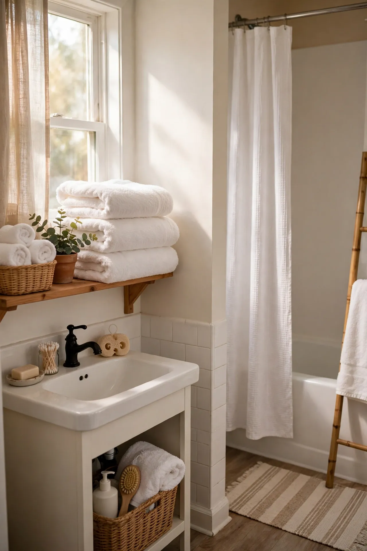 Upgrade to Fluffy White Towels in a budget-friendly bathroom, styled simply