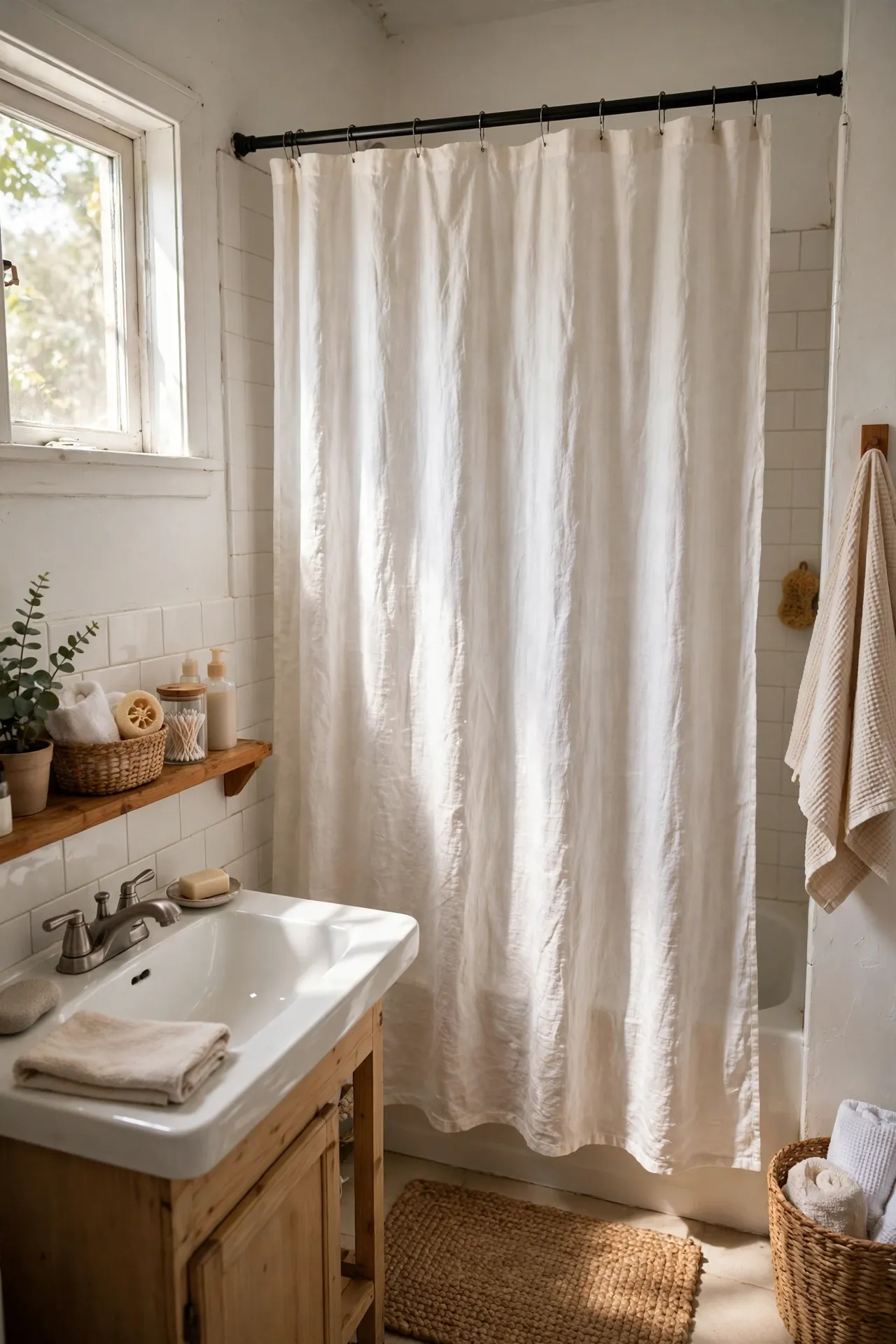 Hang a Linen-Look Warm White Shower Curtain in a budget-friendly bathroom, styled simply
