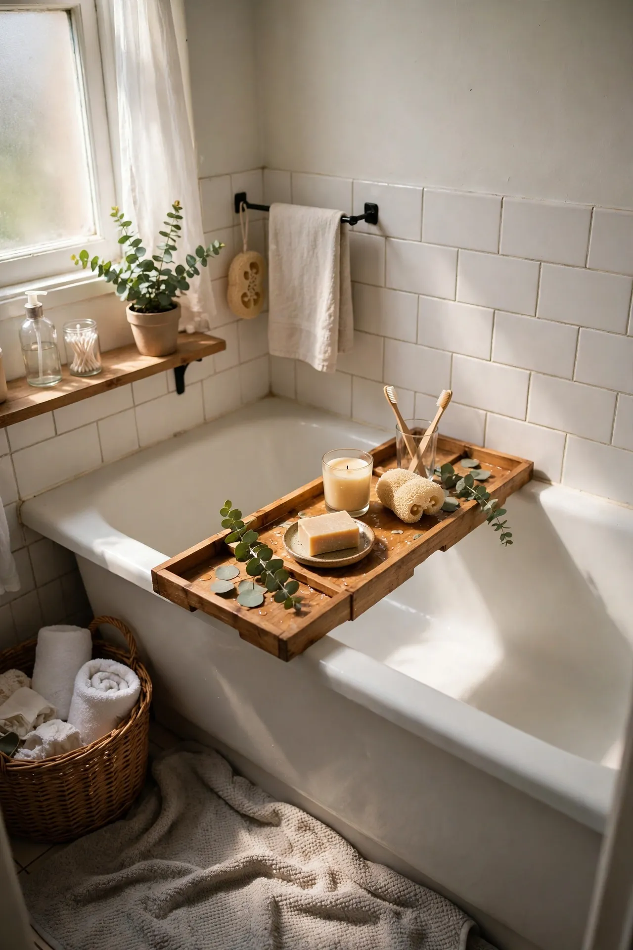 Rest a Wooden Bath Tray Across the Tub in a budget-friendly bathroom, styled simply