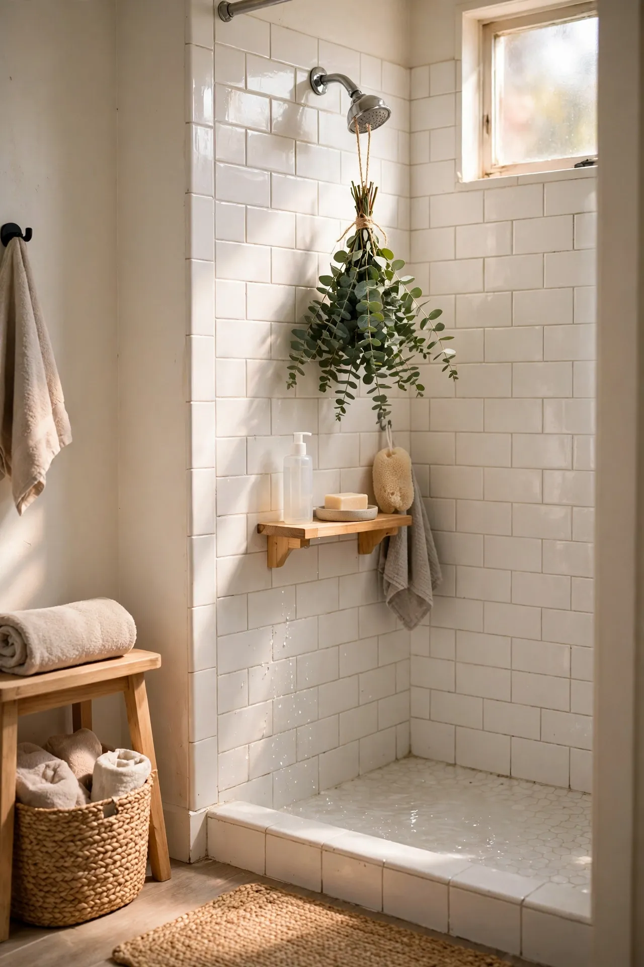 Hang a Eucalyptus Bundle in the Shower in a budget-friendly bathroom, styled simply