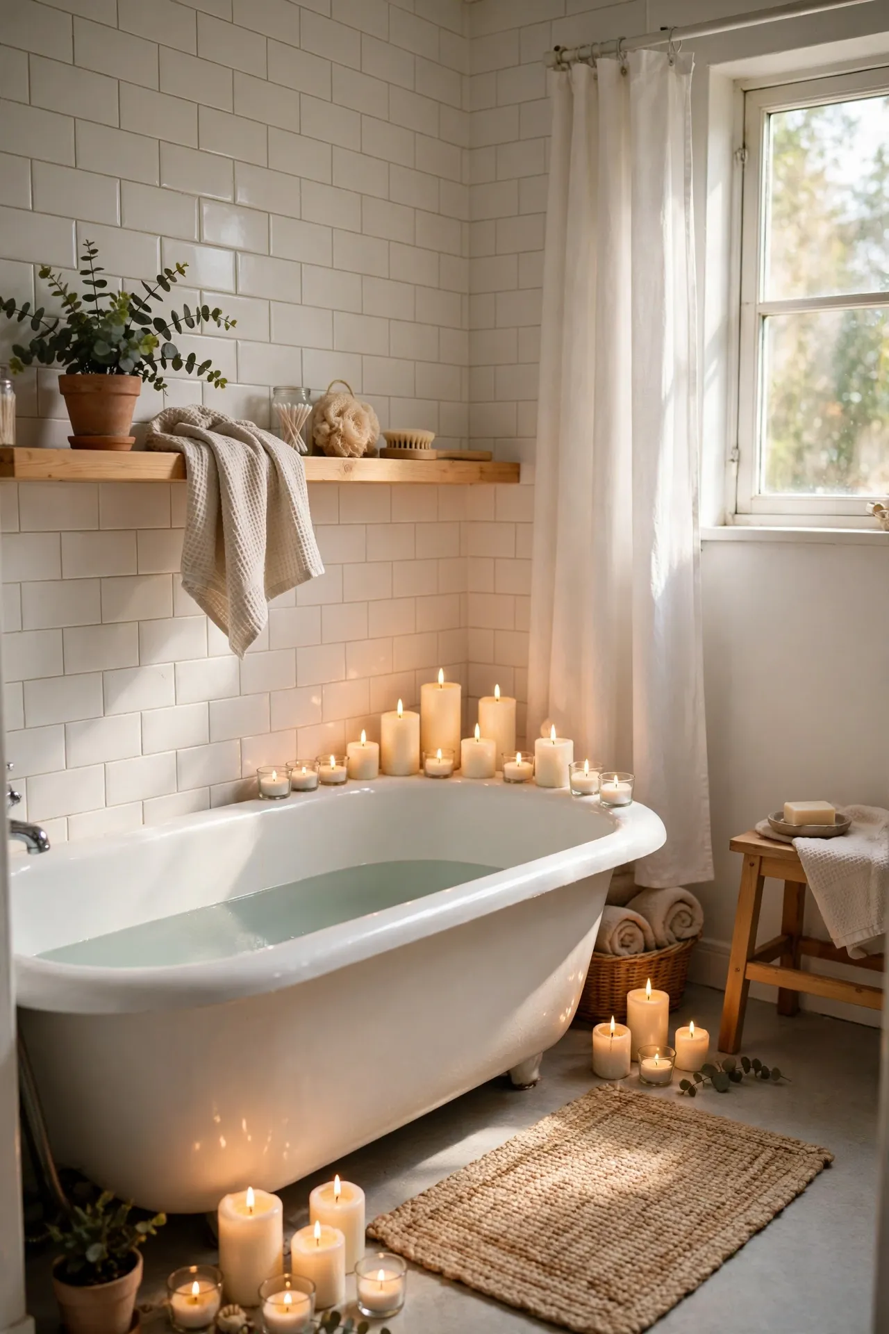 Cluster Warm White Candles Around the Tub in a budget-friendly bathroom, styled simply