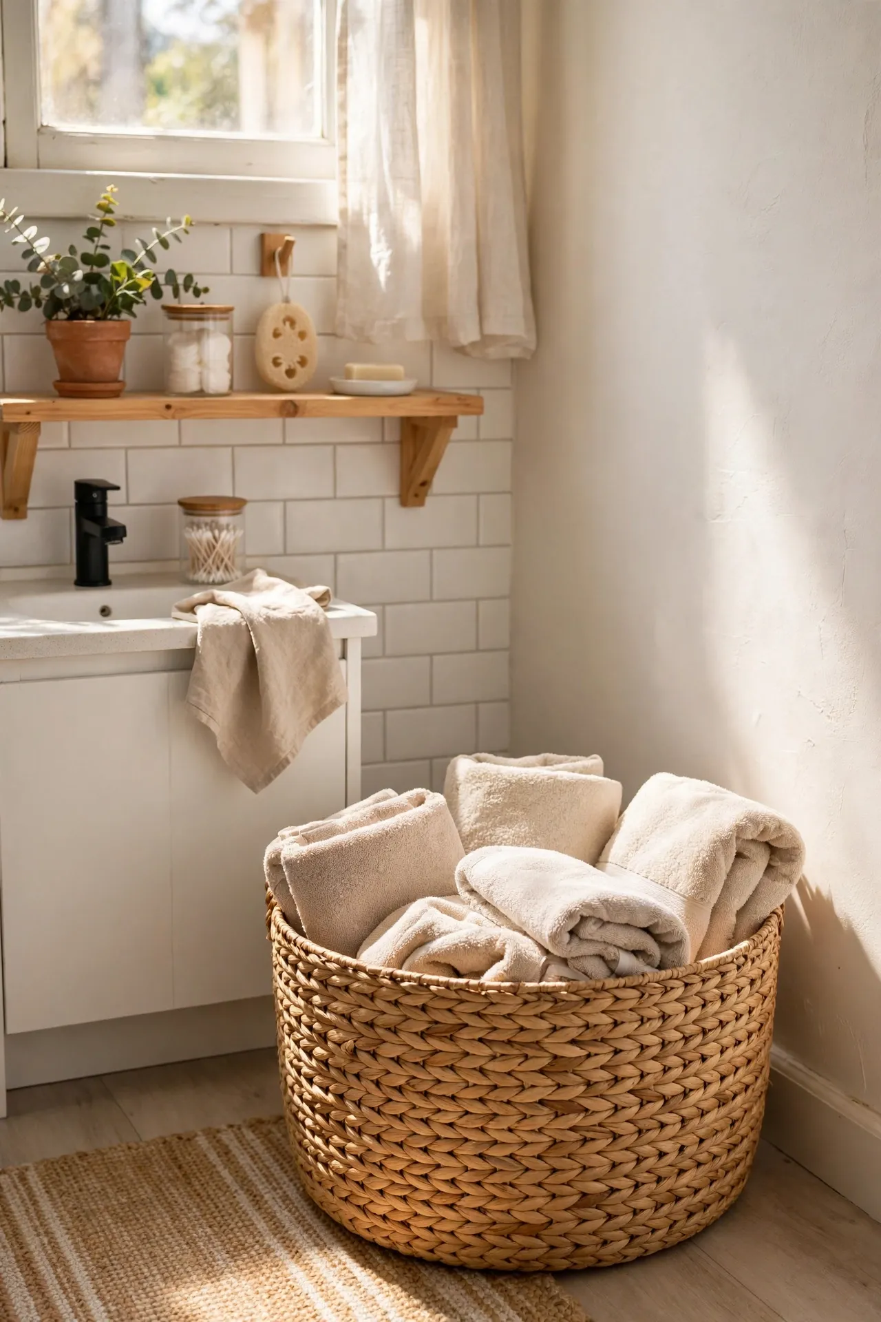 Store Towels in a Woven Seagrass Basket in a budget-friendly bathroom, styled simply