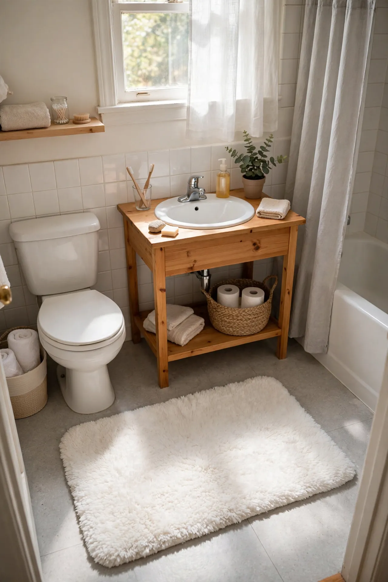 Lay Down a Plush Warm White Bath Mat in a budget-friendly bathroom, styled simply