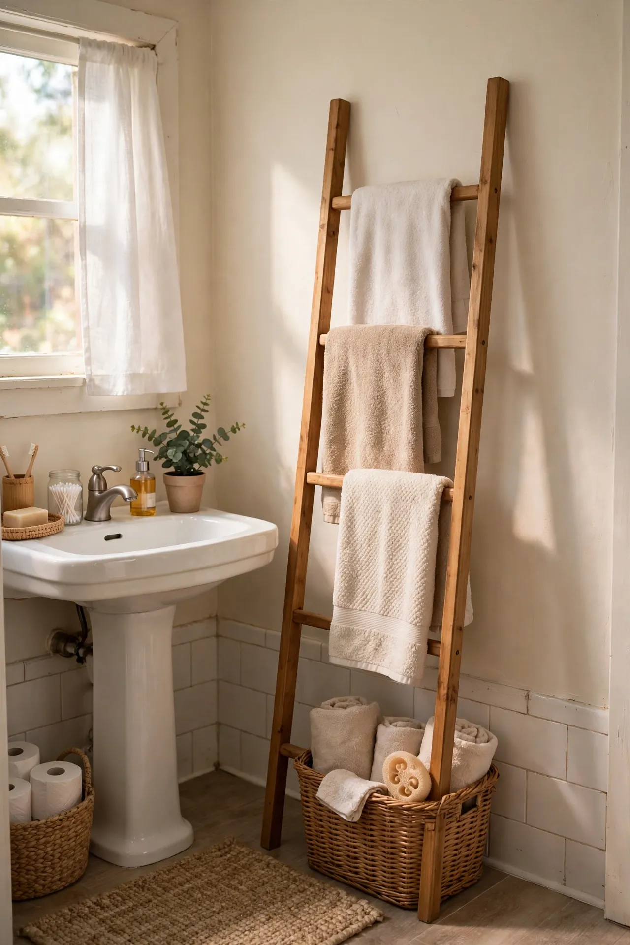 Lean a Wooden Ladder Towel Rack Against the Wall in a budget-friendly bathroom, styled simply