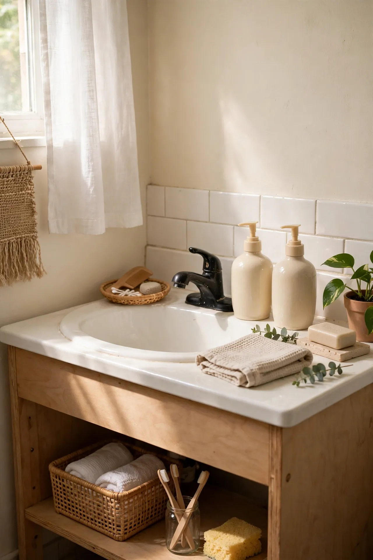 Match Cream Ceramic Dispensers on the Sink in a budget-friendly bathroom, styled simply
