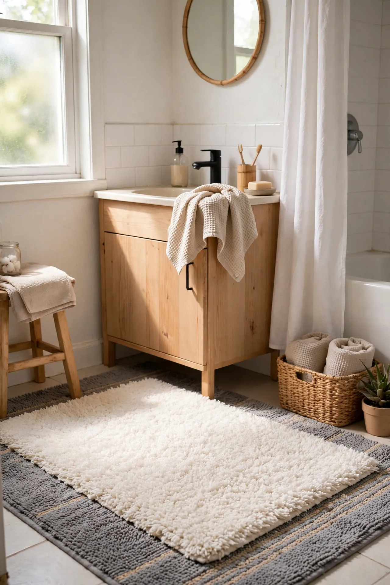 Layer a Warm White Rug Over the Bath Mat in a budget-friendly bathroom, styled simply
