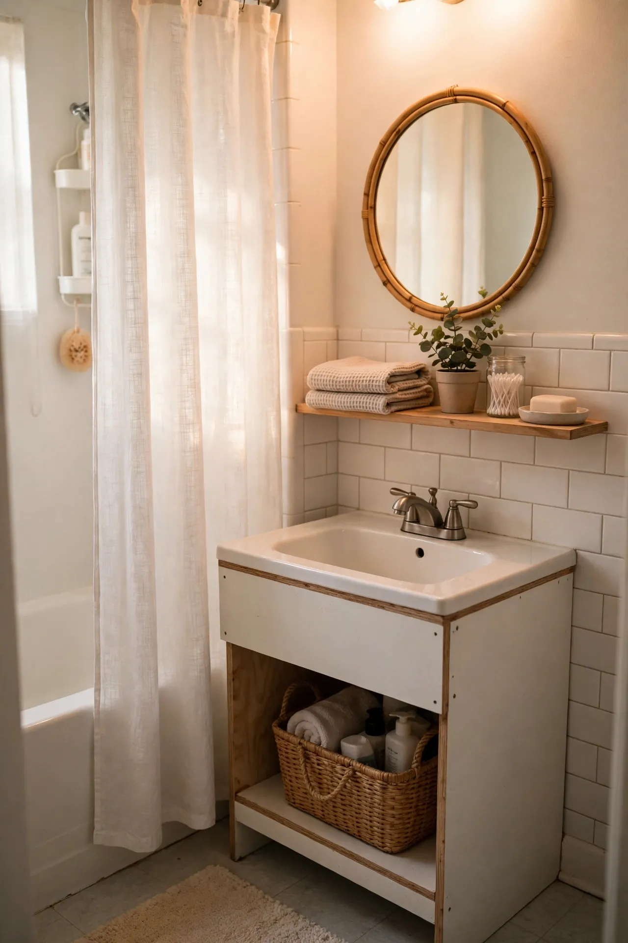Soften the Light with Warm White Glow in a budget-friendly bathroom, styled simply