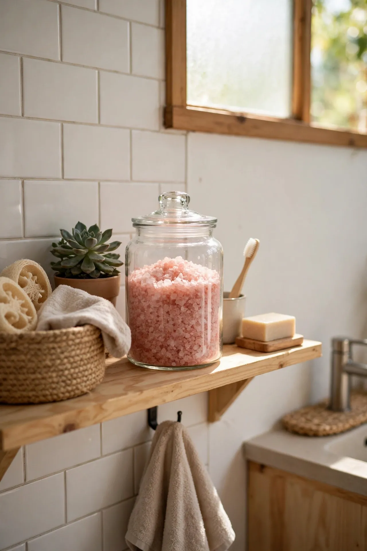 Display Bath Salts in a Clear Glass Jar in a budget-friendly bathroom, styled simply