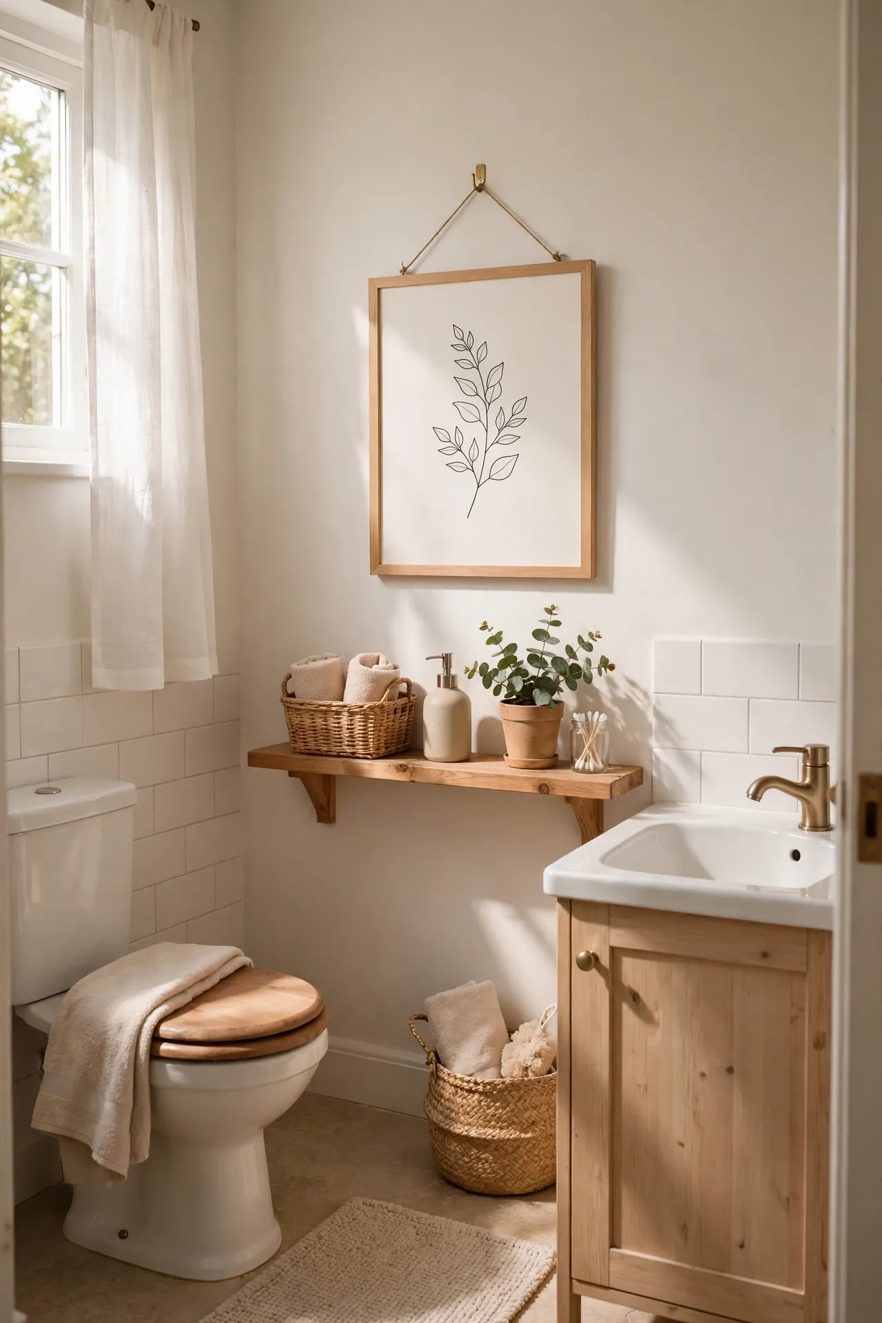 Hang a Minimal Warm White Art Print in a budget-friendly bathroom, styled simply
