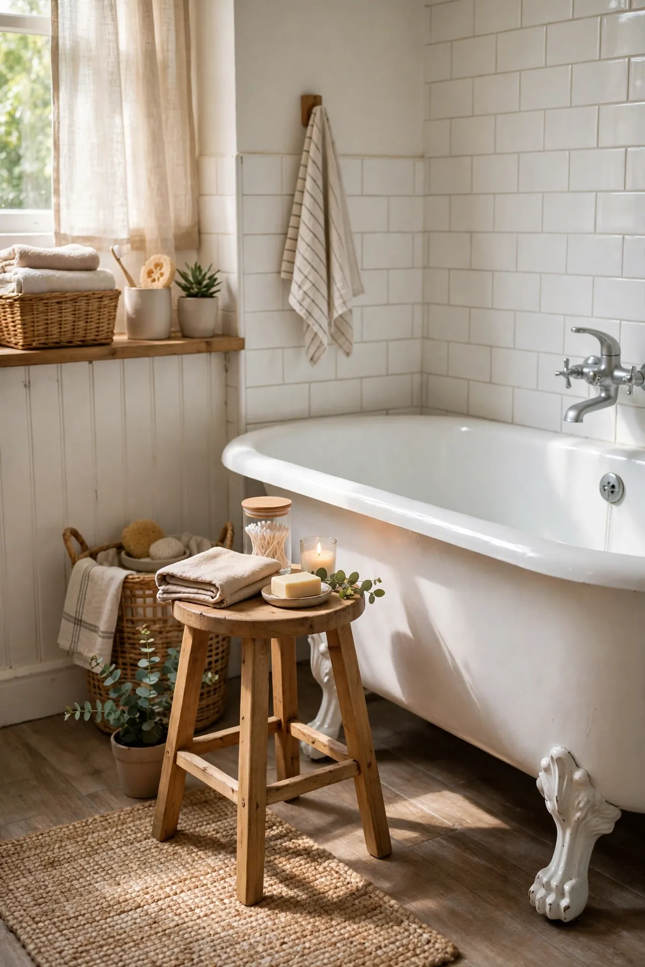 Add a Wooden Stool as a Tub-Side Table in a budget-friendly bathroom, styled simply