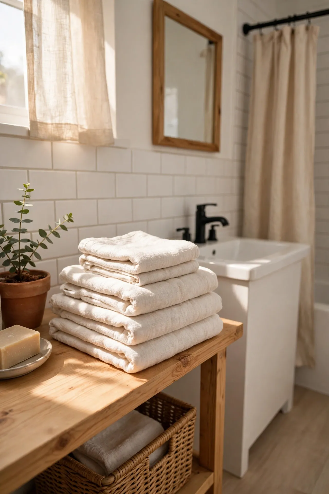 Stack Linen Hand Towels in Warm White in a budget-friendly bathroom, styled simply