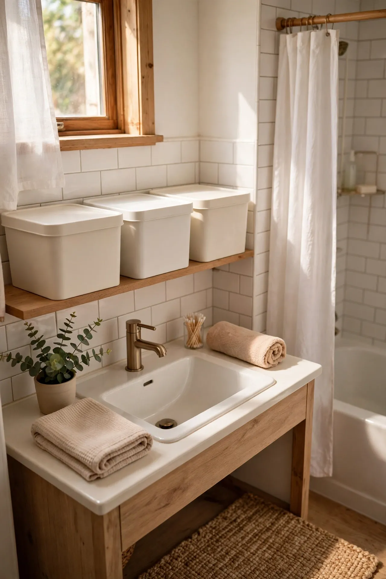 Hide Clutter in Warm White Storage Boxes in a budget-friendly bathroom, styled simply