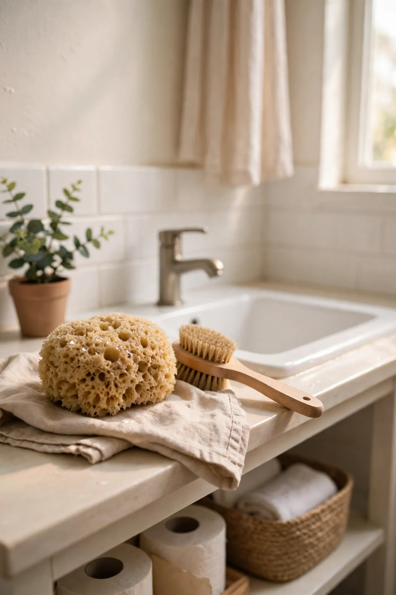 Set Out a Natural Sponge and Wooden Brush in a budget-friendly bathroom, styled simply