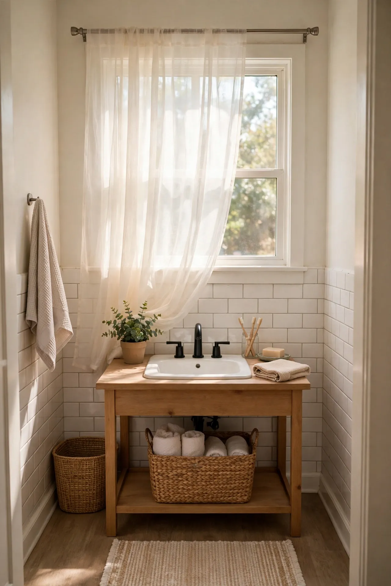 Hang a Sheer Warm White Window Curtain in a budget-friendly bathroom, styled simply