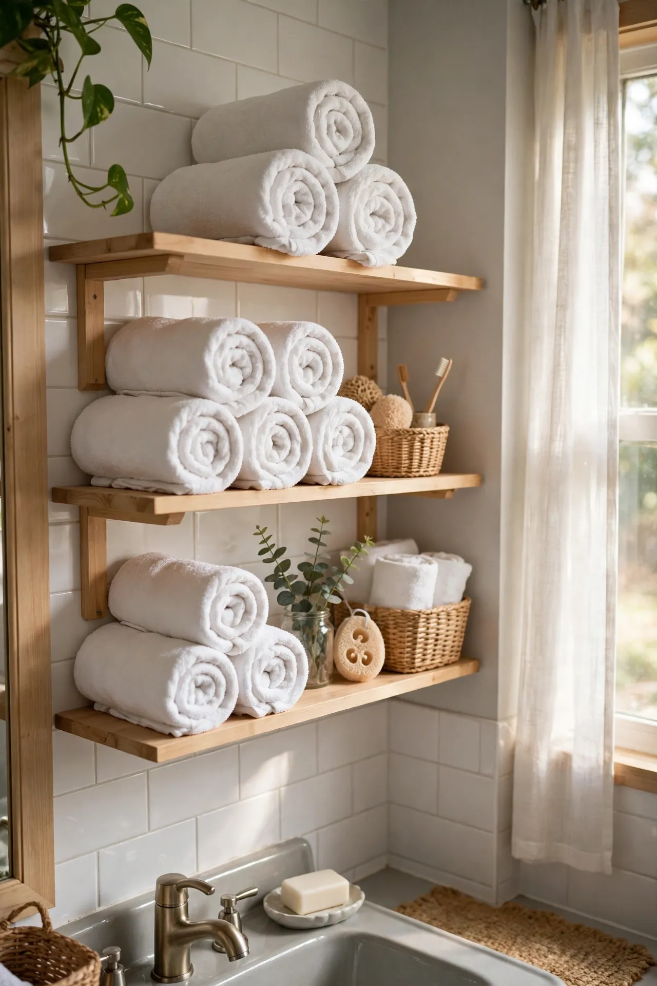 Roll Towels Spa-Style on Open Shelving in a budget-friendly bathroom, styled simply