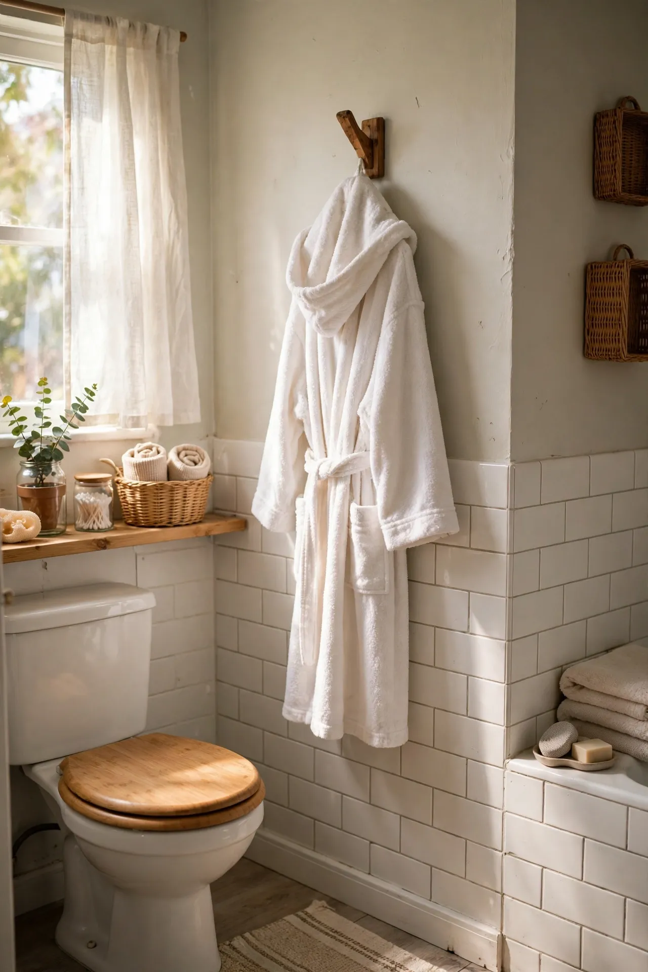 Hang a Warm White Robe on a Wooden Hook in a budget-friendly bathroom, styled simply