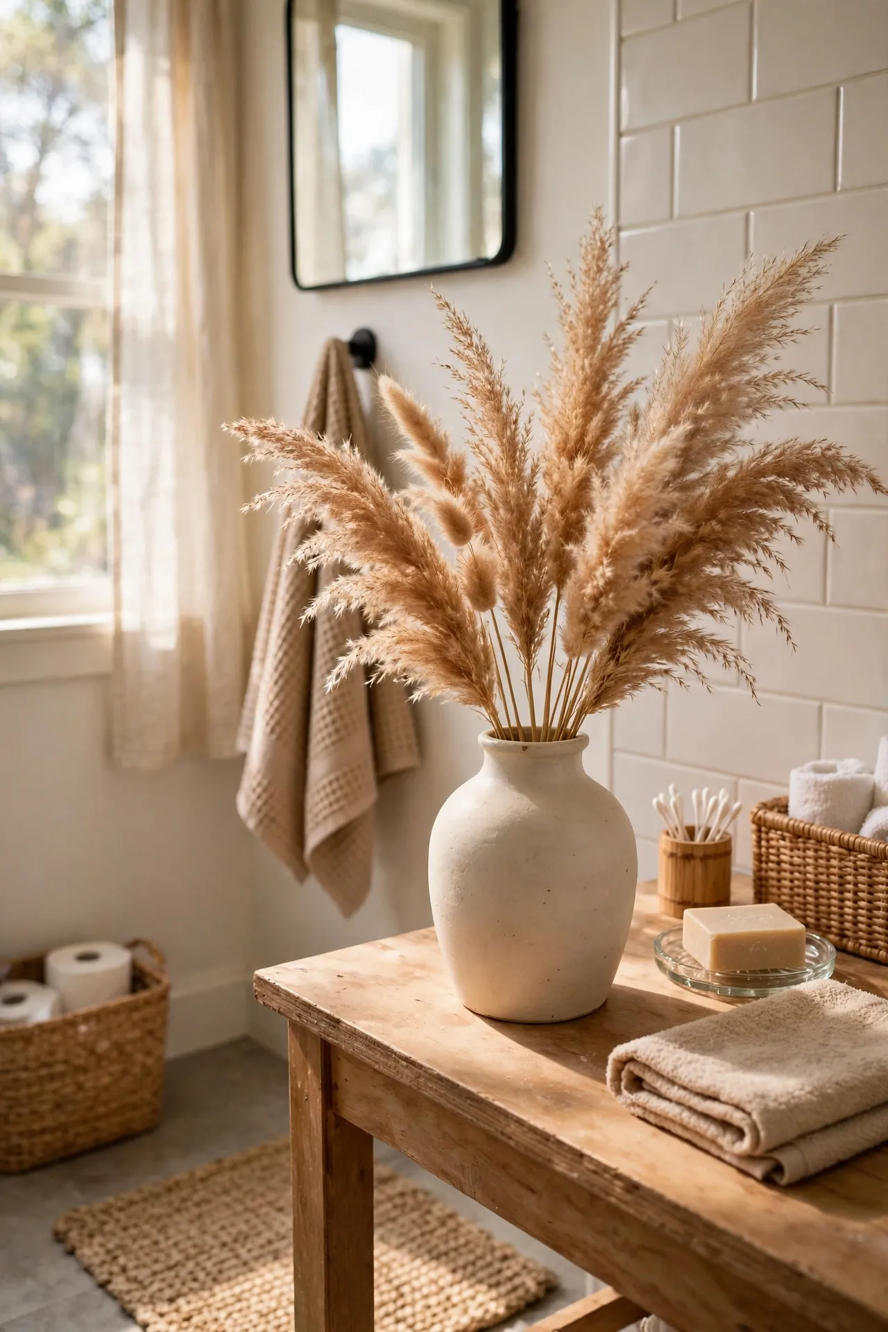 Style Dried Pampas in a Ceramic Vase in a budget-friendly bathroom, styled simply