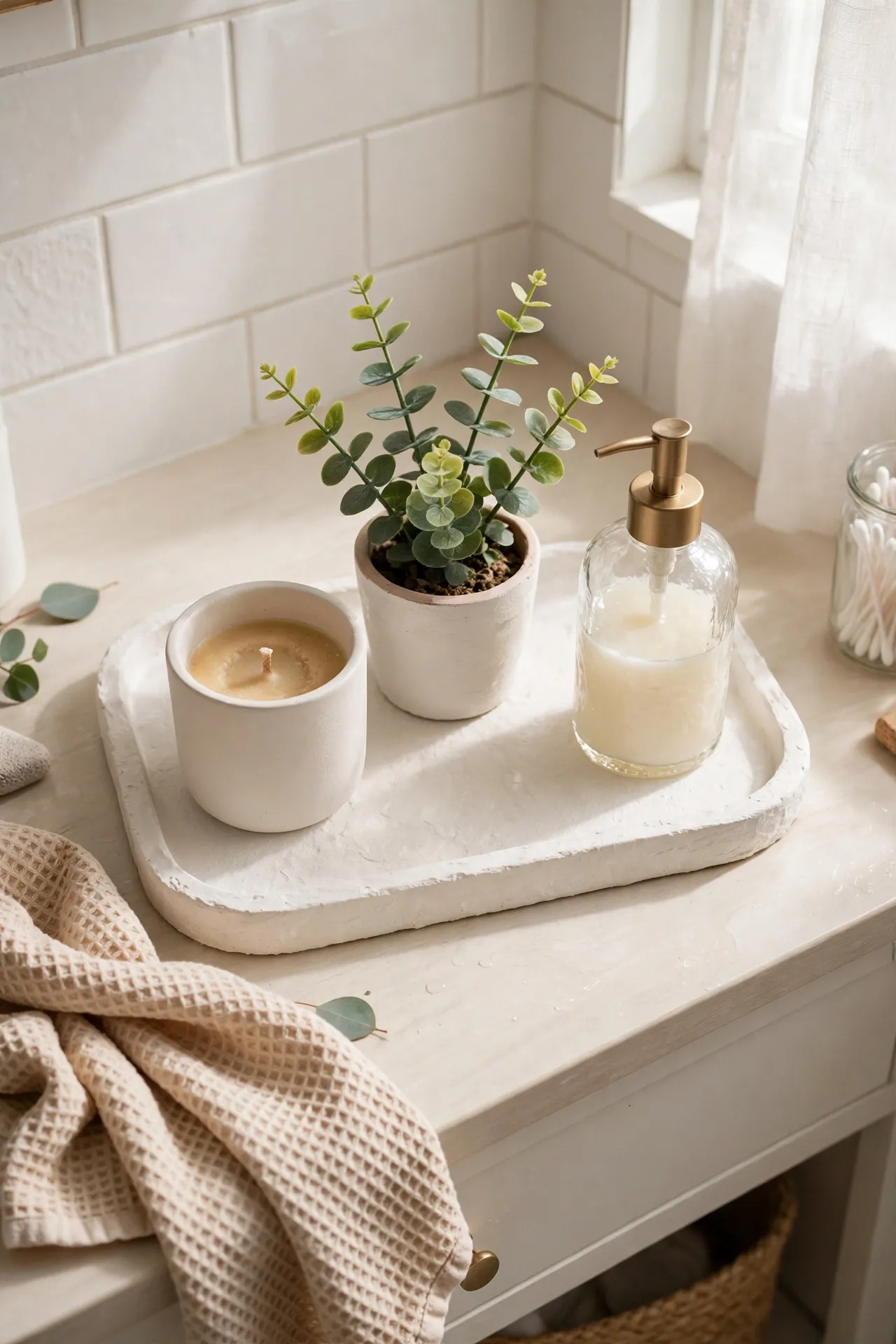 Style a Warm White Vanity Tray with Three Pieces in a budget-friendly bathroom, styled simply