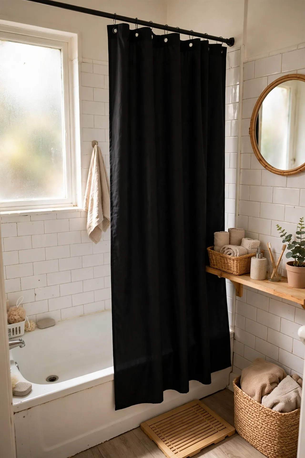 Hang a Bold Black Shower Curtain in a budget-friendly bathroom, styled simply