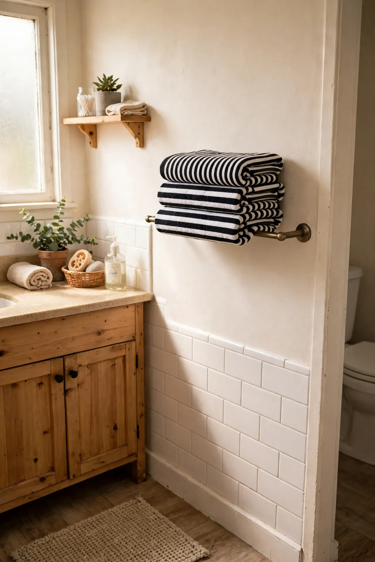 Fold Black and White Striped Towels on the Rail in a budget-friendly bathroom, styled simply