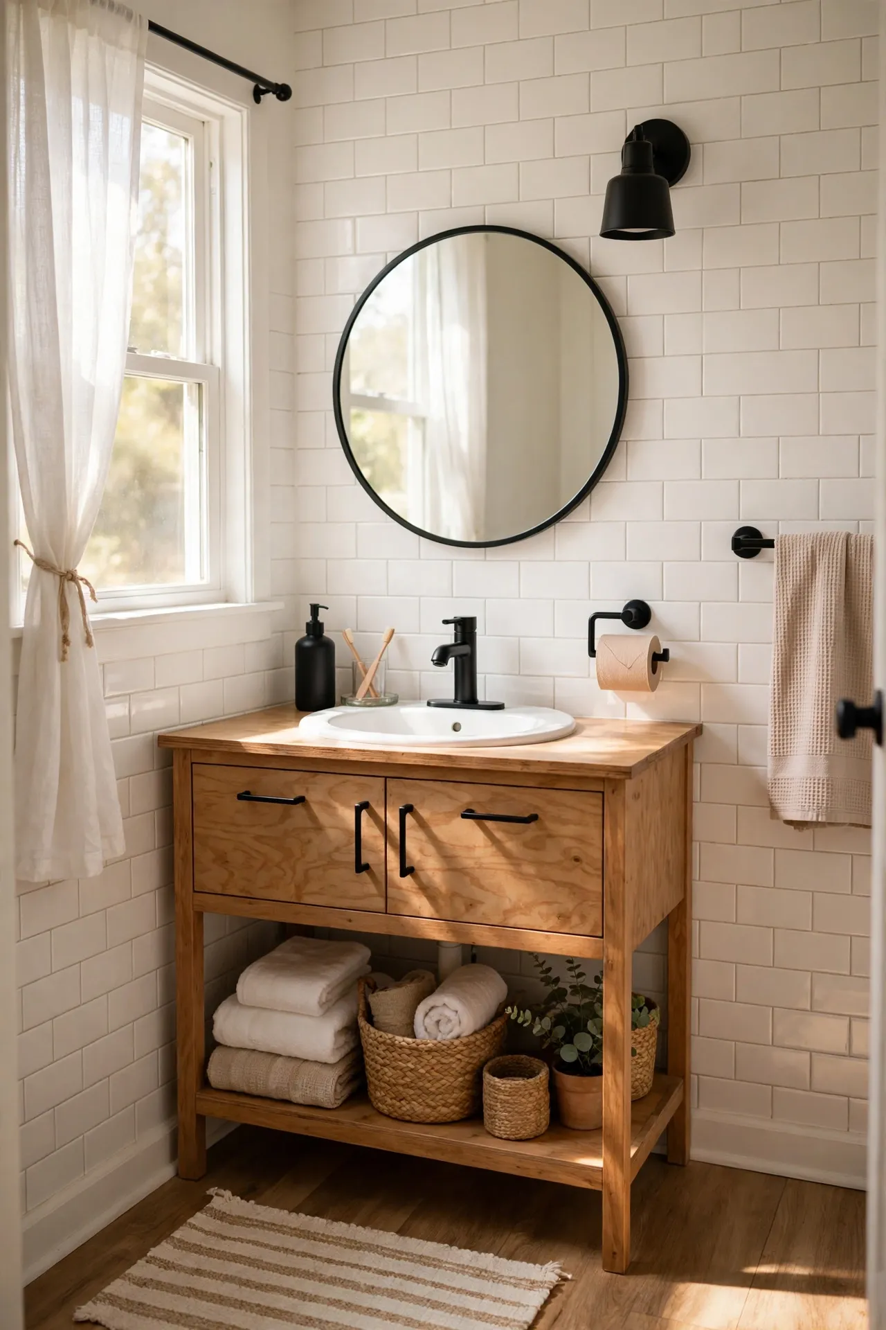 Swap Hardware to Matte Black Fixtures in a budget-friendly bathroom, styled simply