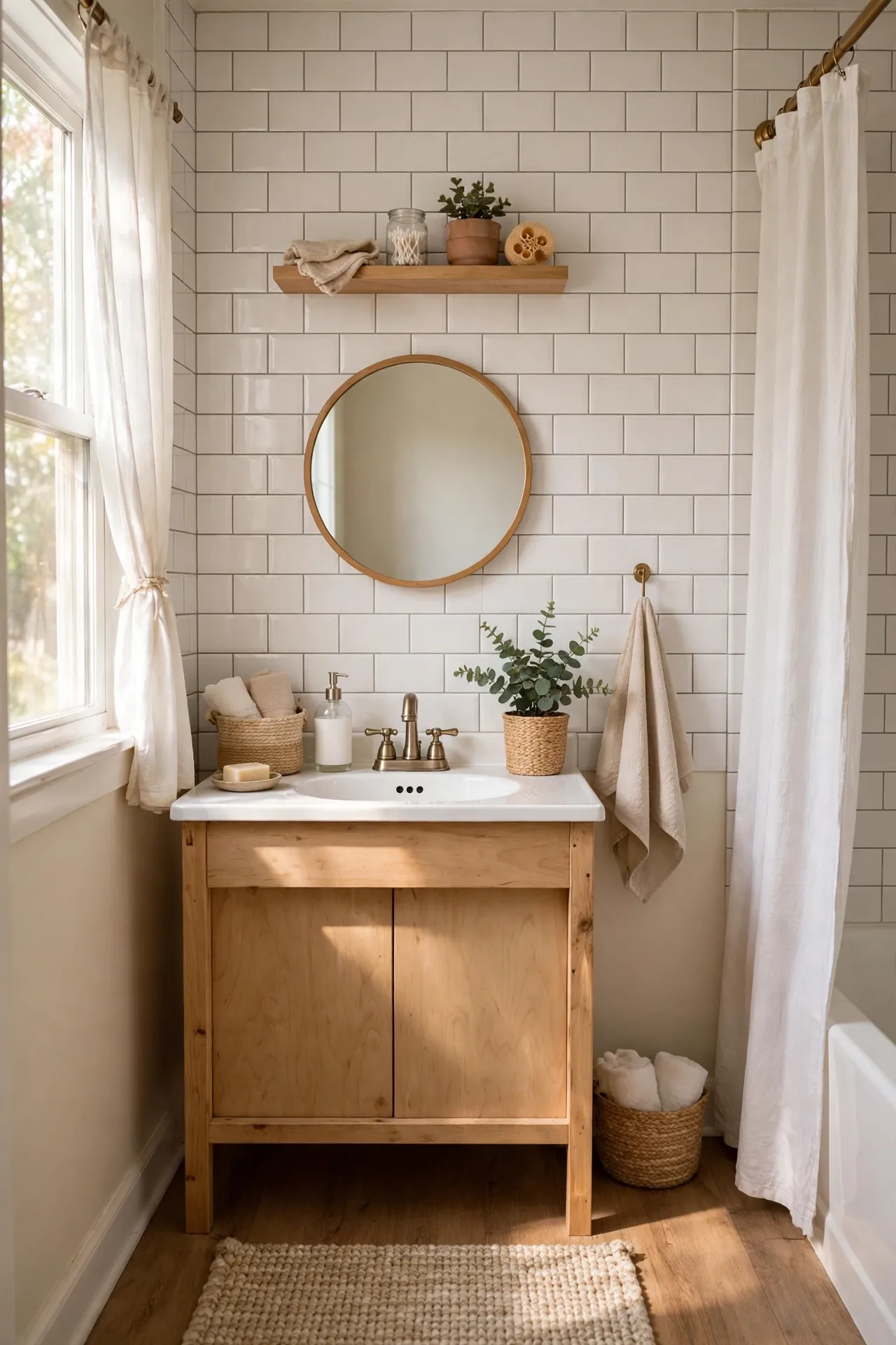 Apply White Subway Peel-and-Stick Tile in a budget-friendly bathroom, styled simply