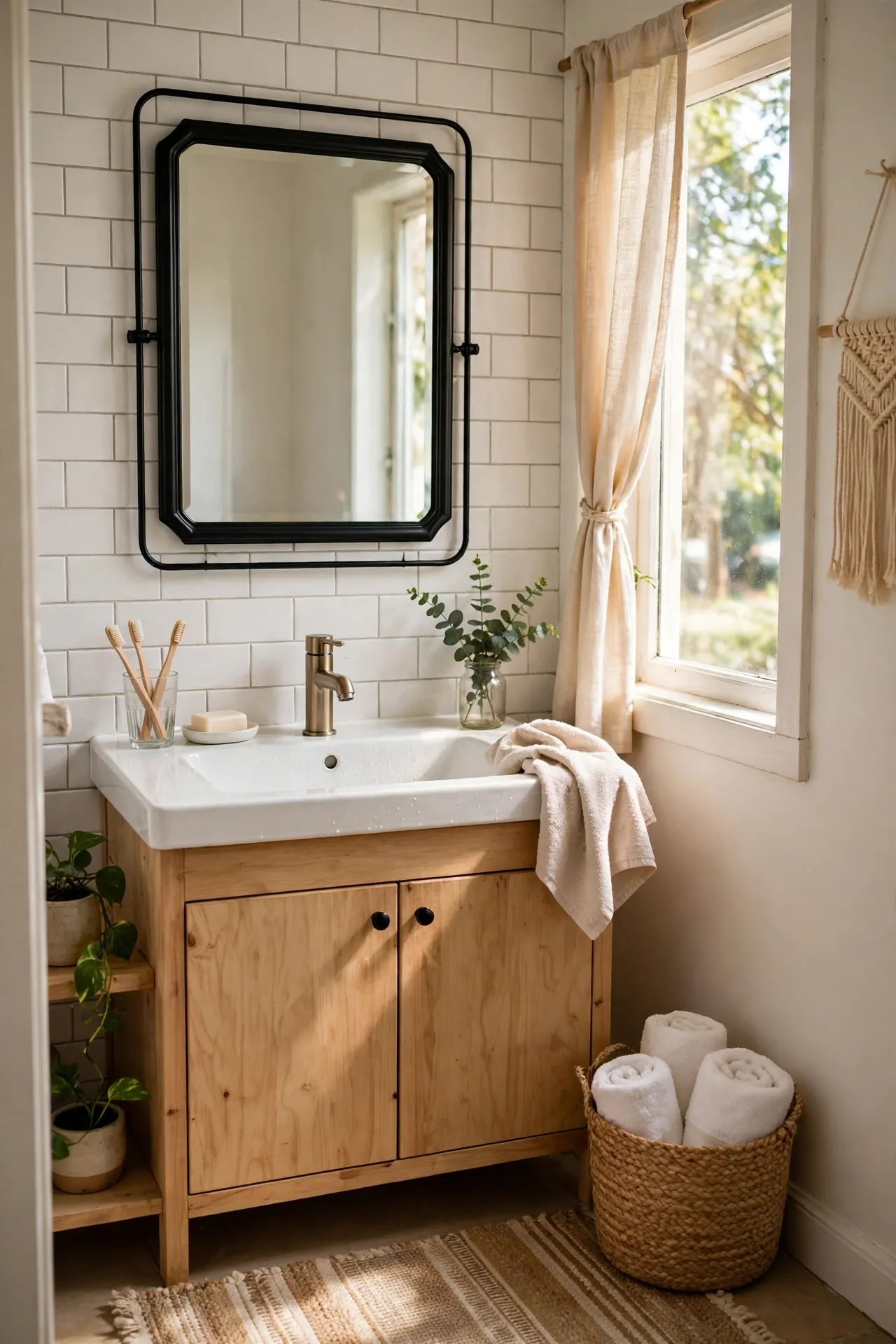 Hang a Black-Framed Mirror Over the Sink in a budget-friendly bathroom, styled simply