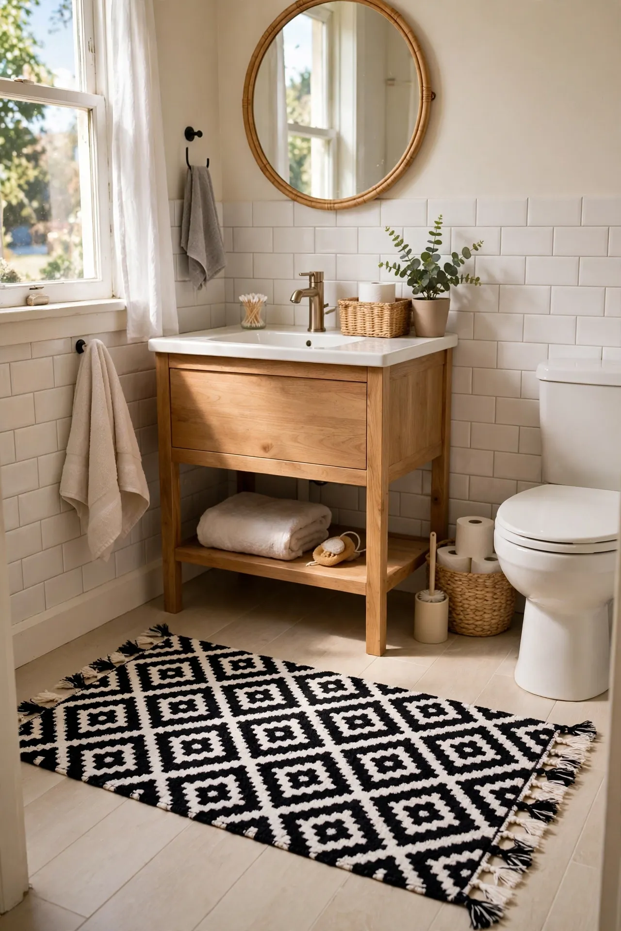 Lay a Black and White Geometric Bath Mat in a budget-friendly bathroom, styled simply