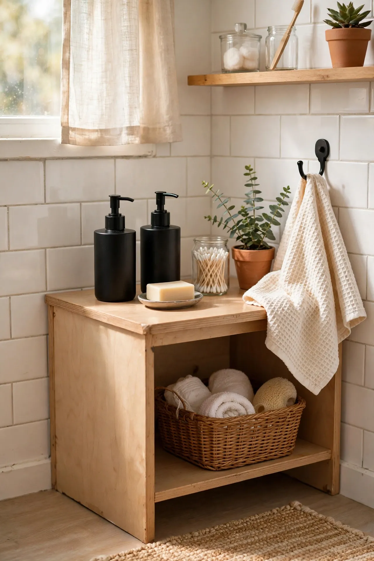 Match a Black Soap Dispenser Set in a budget-friendly bathroom, styled simply