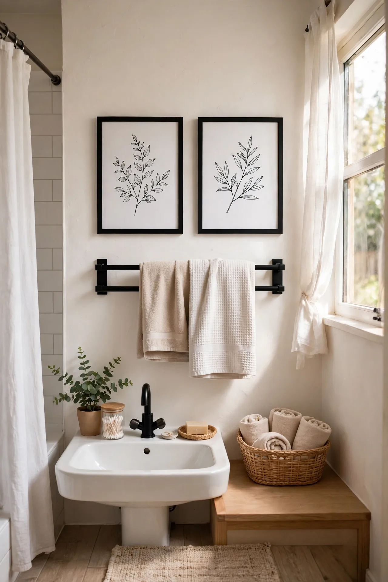 Pair Monochrome Art Prints Above the Towel Rail in a budget-friendly bathroom, styled simply