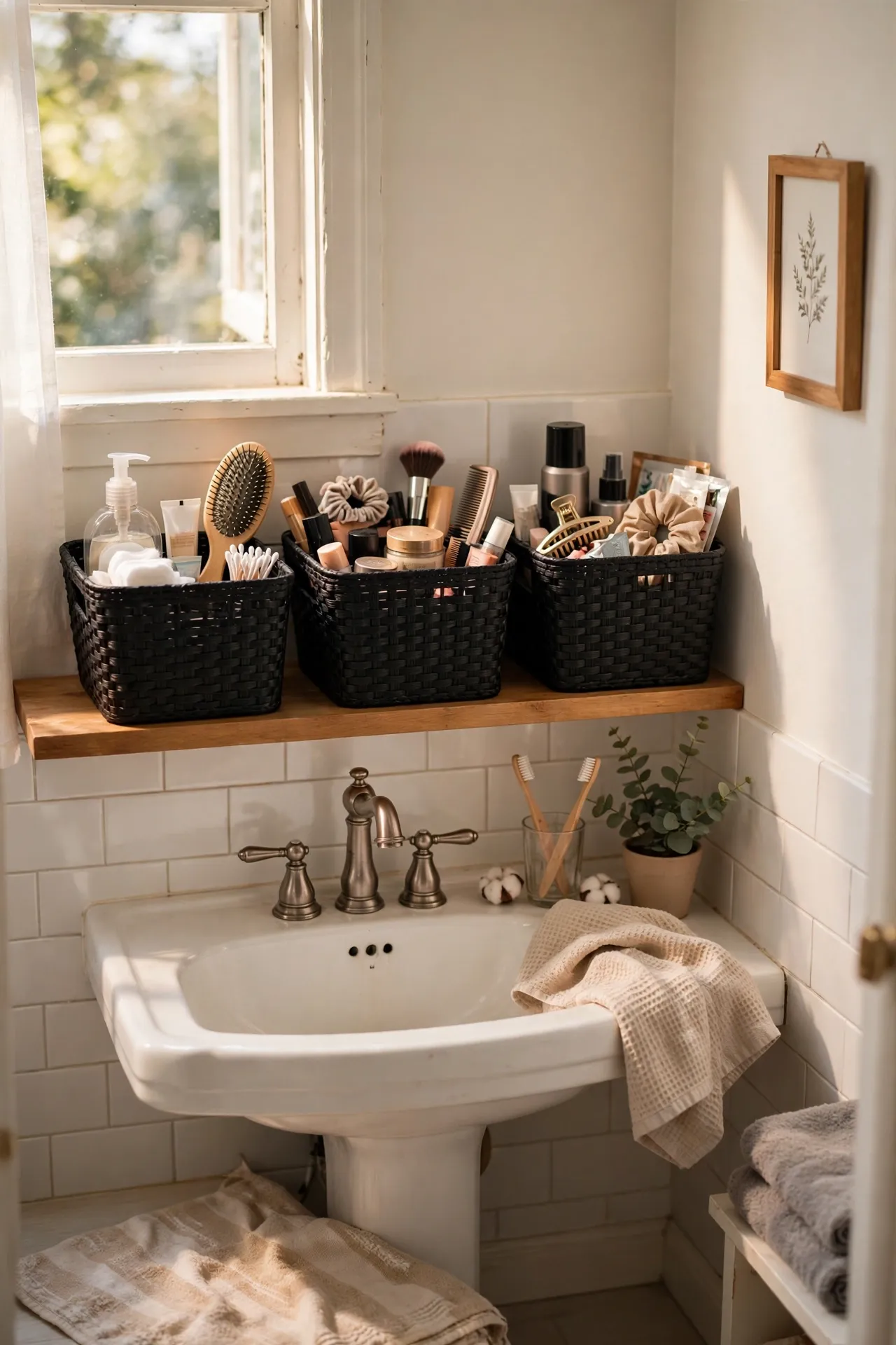 Corral Clutter in Black Storage Baskets in a budget-friendly bathroom, styled simply