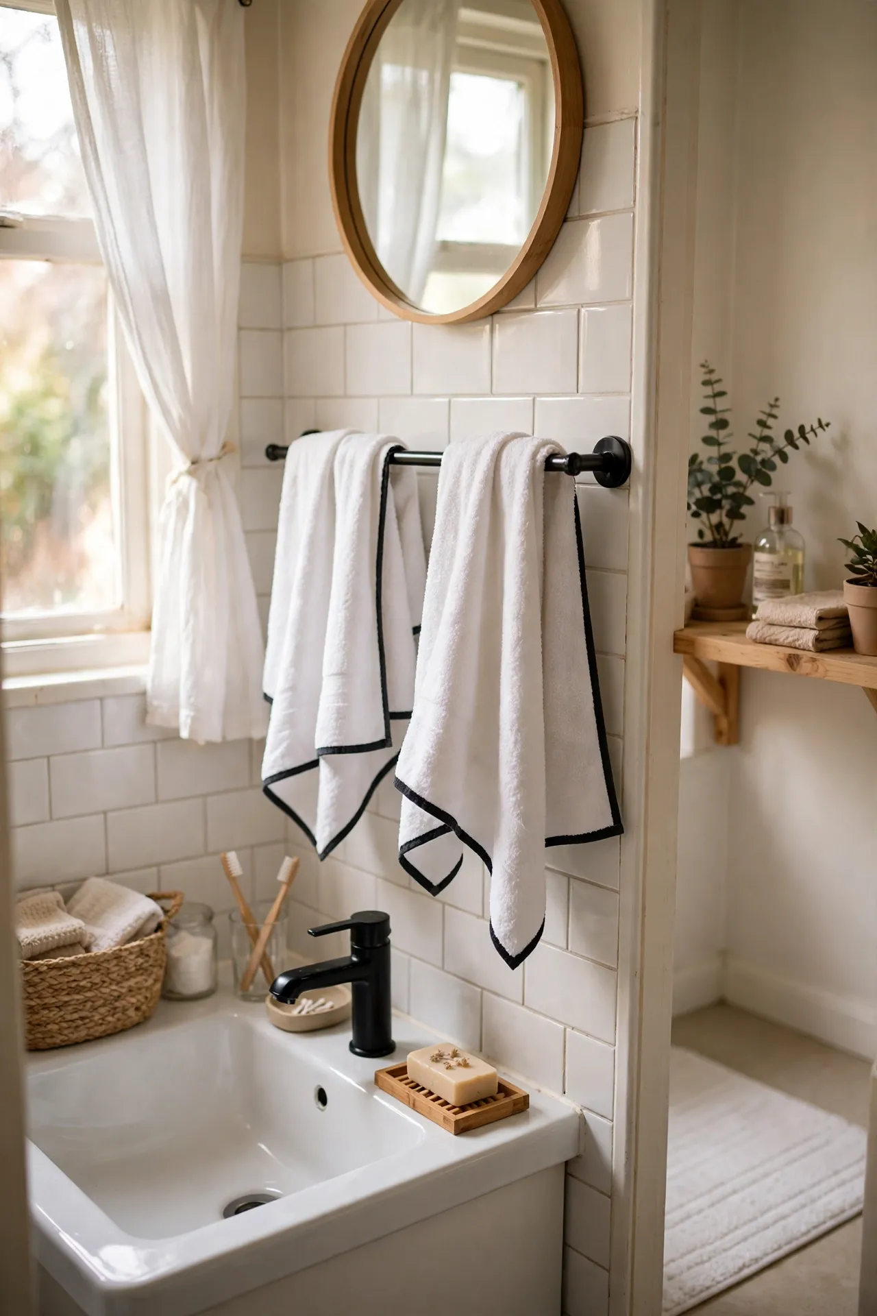 Drape White Towels with Black Trim on the Rail in a budget-friendly bathroom, styled simply